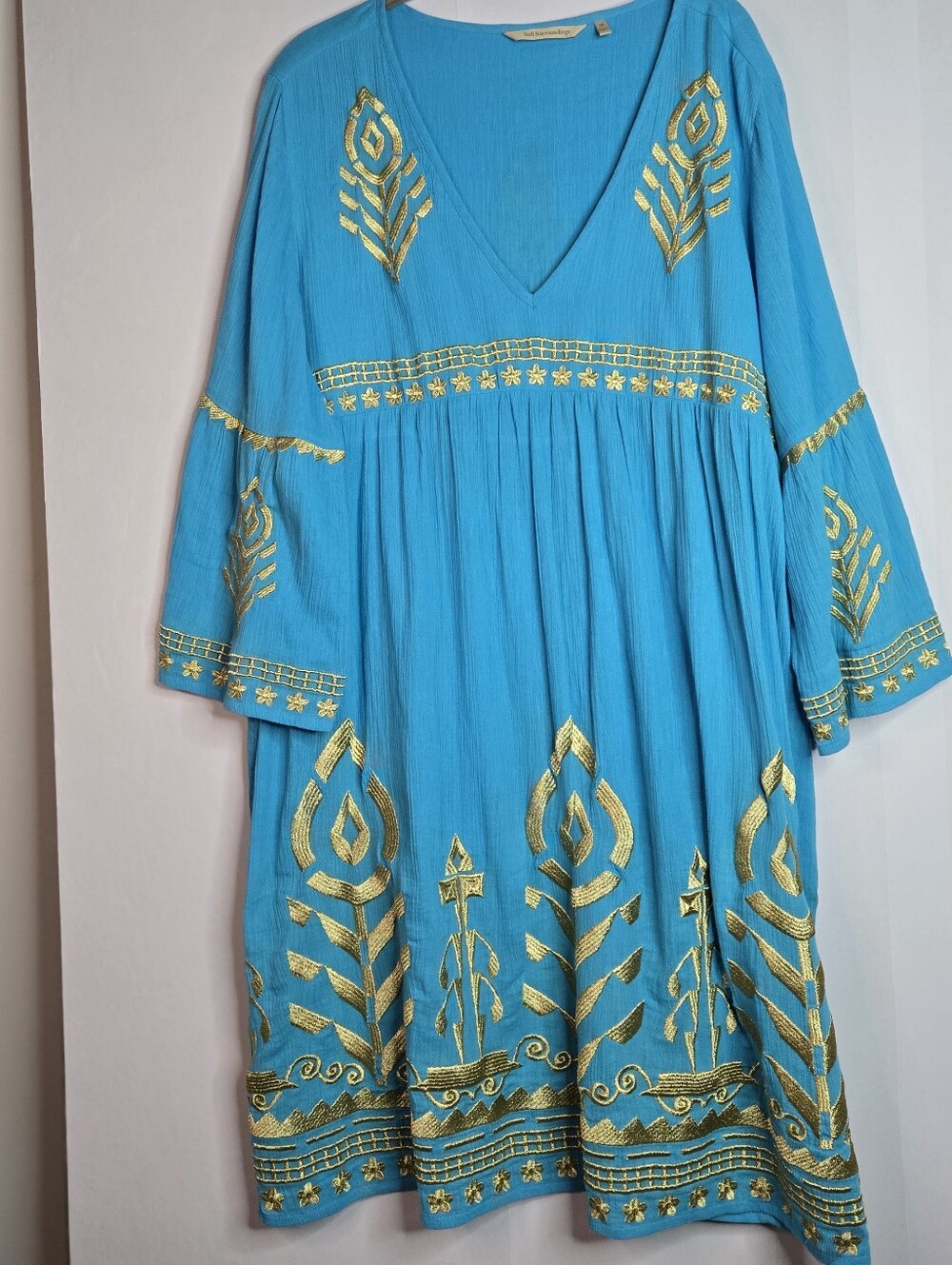 Soft Surroundings Size 1X Teal Empire Waist Dress/loungewear, Gold Embroidery